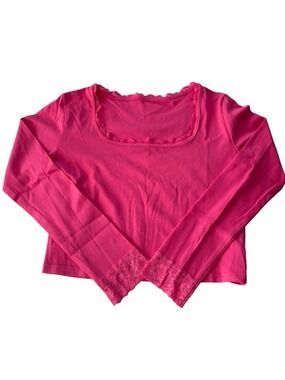 Pink Women   Long-Sleeve Lace Trim Top